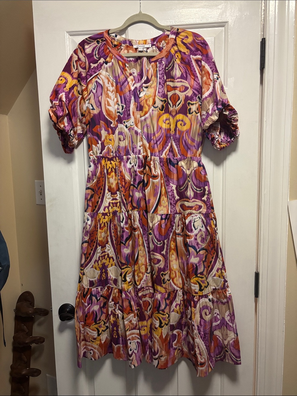 Chicos Floral Tiered Midi Dress in Purple and Orange